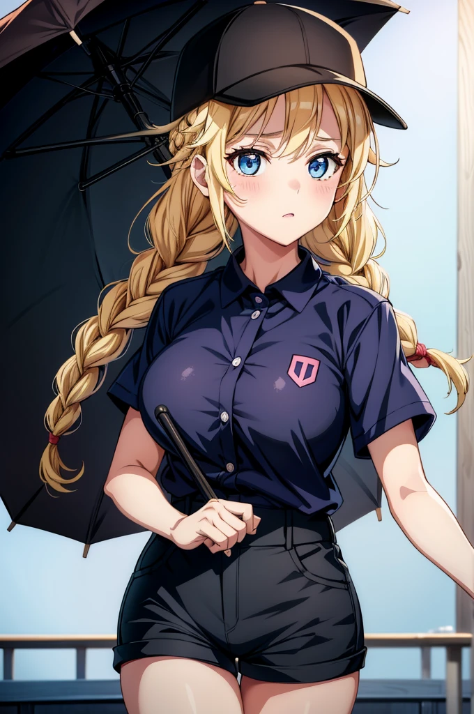 ((masterpiece:1.3)), 1girl solo, eye focus, ((1girl)), ((solo)), mature, cowboy_shot, beautiful detailed eyes, expressive eyes, pretty eyelashes, ((shiny eyes)), (((glossy eyes))), reflective eyes, sparkly eyes, sparkles in eyes, 1girl, annoyed, police_uniform, police, handcuffs, holding handcuffs, policewoman, ((contrapposto:1.3)) ,uniform, cuffs, police_hat, gloves, solo, thighhighs, fishnet_thighhighs, hat, necktie, skirt, breasts, blush, black_gloves, blonde_hair, short hair, blunt bangs, bangs, single_thighhigh, belt, garter_straps, underwear, short_hair, black_necktie, panties, midriff, fishnets, looking_at_viewer, navel, blue_skirt, large_breasts, crop_top, blue_shirt, highleg_panties, short_sleeves, shirt, blue_eyes, miniskirt, sweat, summer, sidewalk, trees, city, boulevard ,Eiko Tsukimi, blue eyes, braid, twin braid, blonde hair, long hair