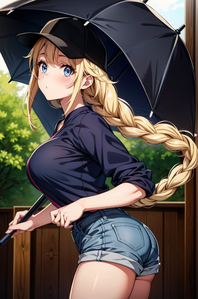 the anime picture shows a picture of a very attractive girl that has an umbrella, 1girl, solo, hat, twin braids, blue eyes, shirt, braid, breasts, blonde hair, black shirt, shorts, baseball cap, large breasts, looking at viewer, blush, long hair, short sleeves, jacket