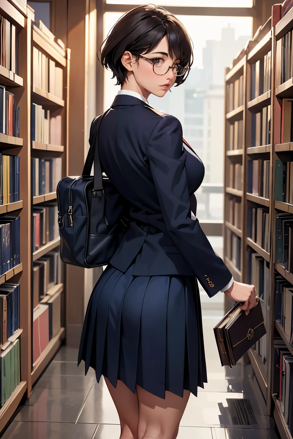 ((highest quality)), ((masterpiece)), (be familiar with), Magazine section of a bookstoreにいる女子高生のBack view、(The gesture of stiff shoulders)、School bag、navy blazer、Navy Skirt、(Long skirt)、navy blue socks、brown hair、short hair、Glasses、Large breasts、Big ass、((Back view:1.1))、covert photography、(Directly behind low angle)、navy blue socksのクローズアップ、mangaコマ割り、Manga style、manga、Magazine section of a bookstore