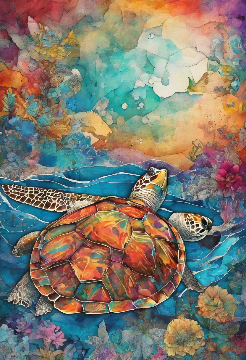 Tortue nage, mer, vague, Pachamama ::2 colorful ink painting ::2 art fantasy