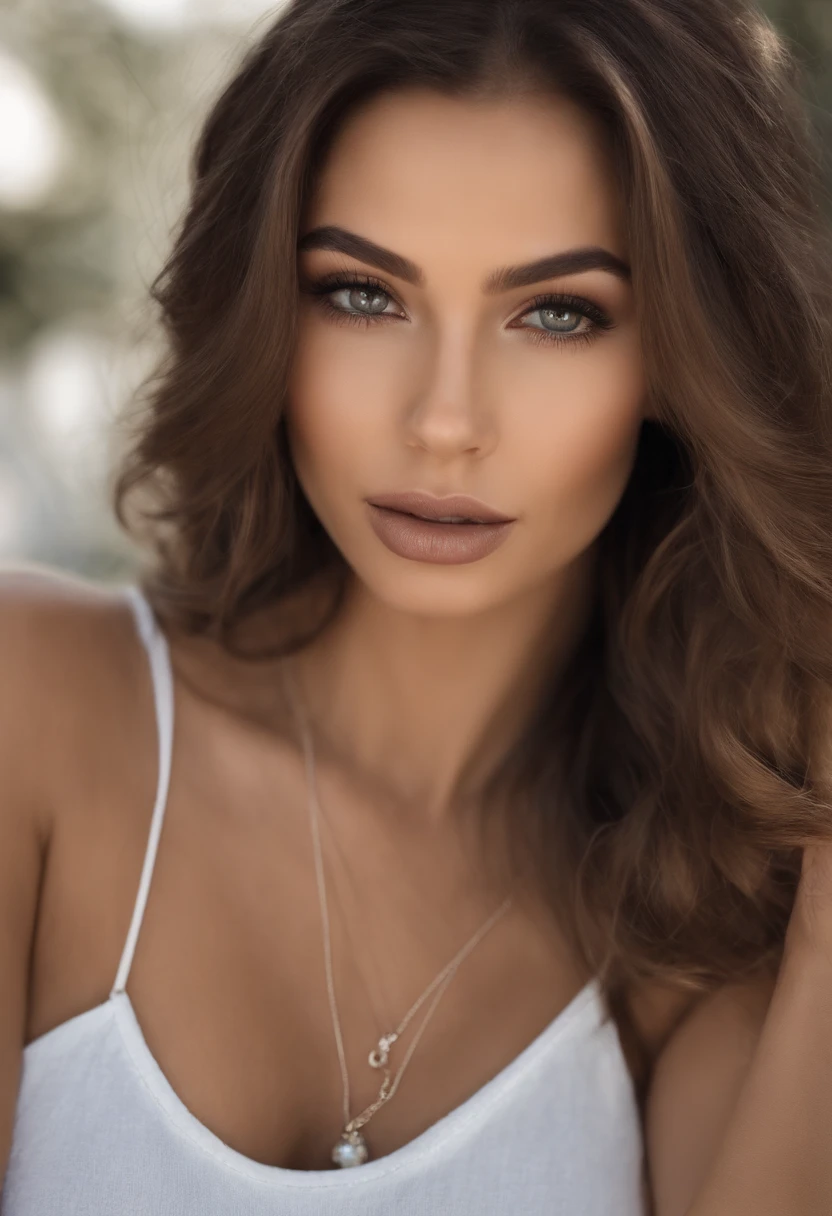 cropped woman with white tank top and necklace, fille sexy aux yeux bleu , Portrait de Sophie Mudd, cheveux bruns et grands yeux, selfie d&#39;une jeune femme, Yeux de chambre, Violette Myers, sans maquillage, maquillage naturel, regarder directement la caméra, visage avec artgram, maquillage subtil, stunning tout le corps shot, Yeux bleu perçants, bel angle, pose attrayante, Jolie fille, pose attirante, tout le corps picture, tout le corps, tout le corps shoot, Brown Goddess, high detail, pose satisfaite, wearing grey jupe and Bottes, jupe, Bottes