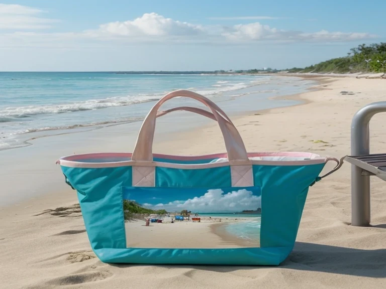 Beach bag with beach background realistic 