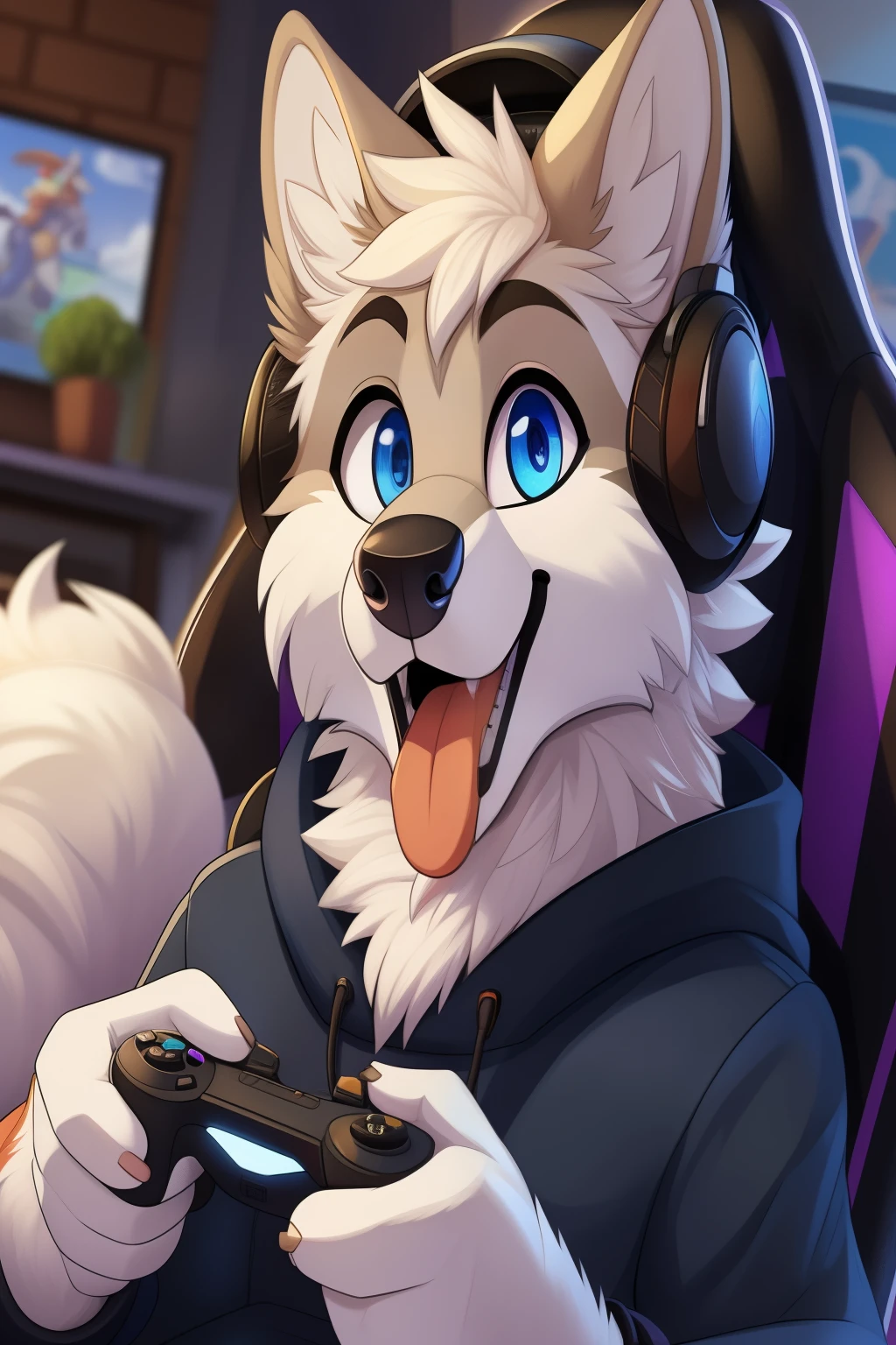 there is a cartoon wolf with headphones playing video games, muscle contraction coil / jogador ludwig, furaffinity commission, pov arte peluda, furafinidade peluda, furaffinity commission, arte peluda, arte fursona, arte peluda!!!, desenho peludo profissional, personagem peludo portrait, arte fursonae peluda commission, personagem peludo, foto do perfil 1024px
