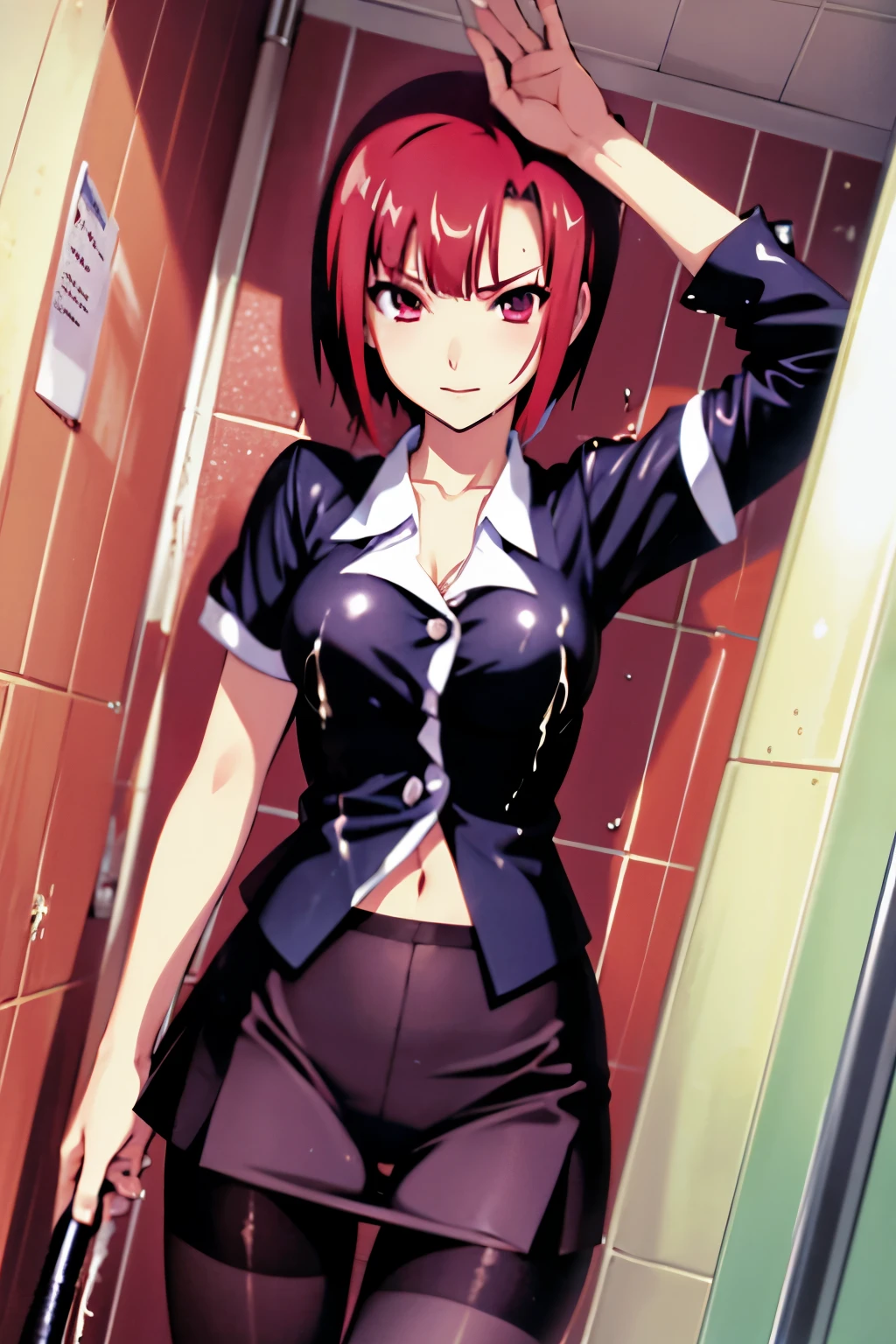 Rio, Super Blackjack、Red Hair、Short Hair、((blouse))、((pantyhose))、mini skirt、Photo from below、Medium chest、((shower room))、Rio・デ・カーニバル、((Get wet all over))、Black underwear