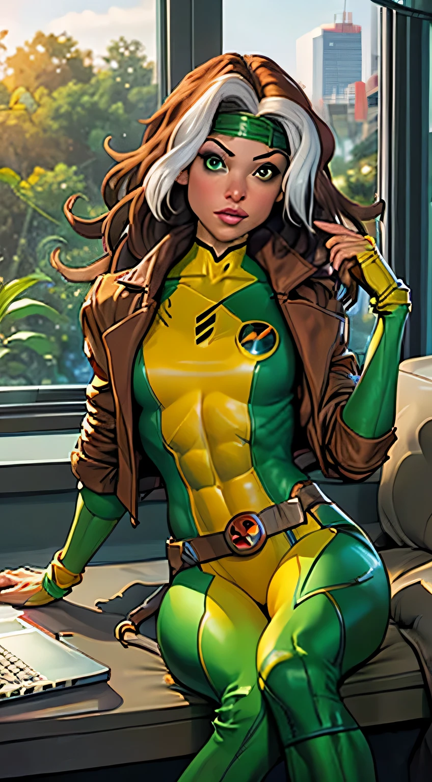 (masterpiece, best quality:1.2), 1997 X-Men Comics Classic Rogue, 1girl, solo, long hair, smile, large breasts, brown hair, green eyes, brown jacket, big hair, white hair streak , multicolored hair, parted lips, open clothes, belt, two-tone hair, open jacket, lips, bodysuit, covered navel, makeup, muscular, headband, abs, skin tight suit, multicolored clothes, muscular female, dyed bangs, multicolored bodysuit, green bodysuit, yellow bodysuit, butterfly, bug, window, sitting, indoors, plant, book, laptop, computer, couch, looking at viewer, closed mouth, hotel room, potted plant, stake of books on table, building, expressionless, depth of field,