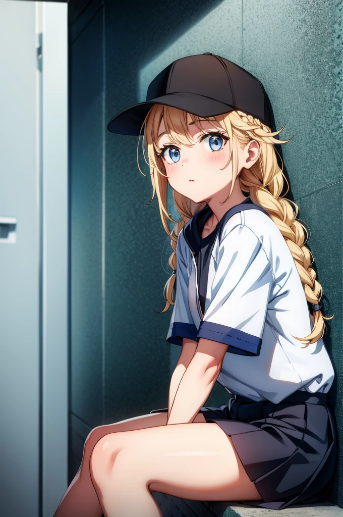 a girl with a baseball hat, shorts and a short skirt sits against the wall, 1girl, solo, blonde hair, blue eyes, shirt tucked in, hat, twin braids, braid, long hair, baseball cap, shorts, black shorts, black headwear, shirt, looking at viewer, blush, baseball uniform, sitting, white shirt, short sleeves