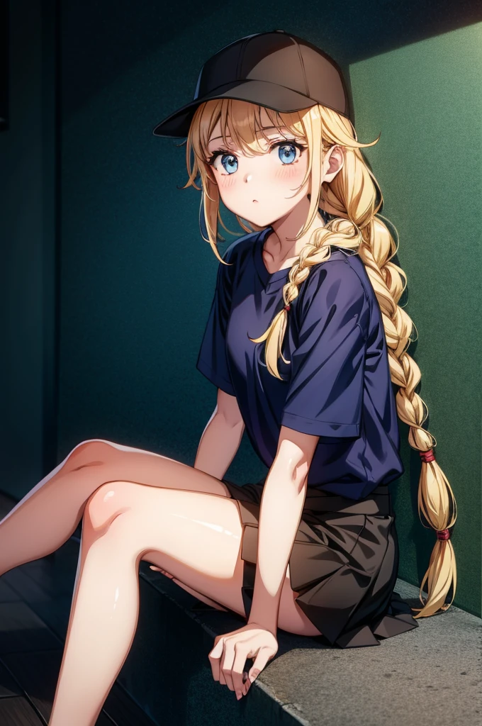 a girl with a baseball hat, shorts and a short skirt sits against the wall, 1girl, solo, blonde hair, blue eyes, shirt tucked in, hat, twin braids, braid, long hair, baseball cap, shorts, black shorts, black headwear, shirt, looking at viewer, blush, baseball uniform, sitting, white shirt, short sleeves