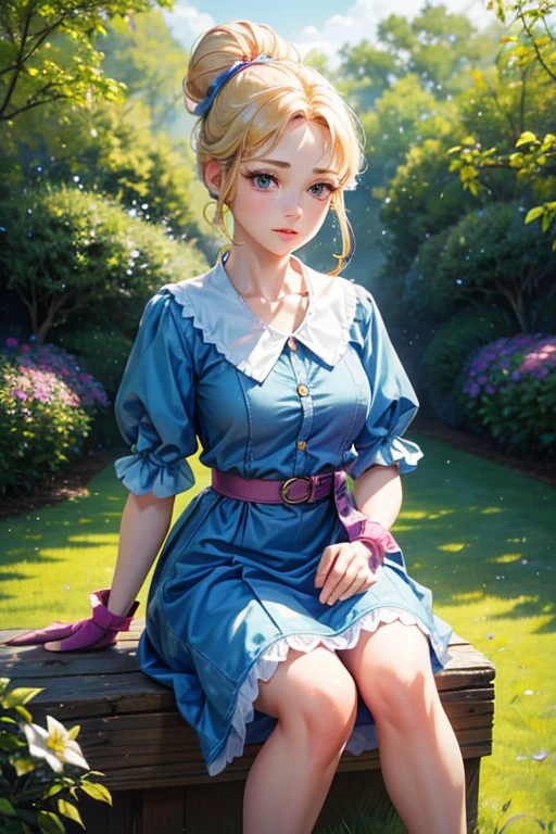 (best quality,4k,8k,highres,masterpiece:1.2),ultra-detailed,(realistic,photorealistic,photo-realistic:1.37),piperBS,1girl,beautiful detailed eyes,beautiful detailed lips,extremely detailed eyes and face,long eyelashes,blonde hair,hair bun,blue dress,puffy sleeves,short sleeves,pink gloves,fingerless gloves,pink belt,shoes,blue footwear,carries a sniper umbrella,beautiful garden,lush green grass,colourful flowers,blooming roses,tall trees with vibrant leaves,clear blue sky,gentle breeze,soft sunlight,painting-like colors,impressive depth,subtle shadows,sparkling highlights,vivid and warm color palette,glowing and magical atmosphere,femininity and elegance,candor and grace,cute and confident expression,relaxed and comfortable posture,blurred background focusing on the girl,slightly tilted composition to add dynamism,sharp focus on the girl's eyes and face,elegant and whimsical style,subtle touch of fantasy,delicate brushwork,rich texture and details,artistic interpretation combined with realism,harmonious combination of natural beauty and imaginative elements