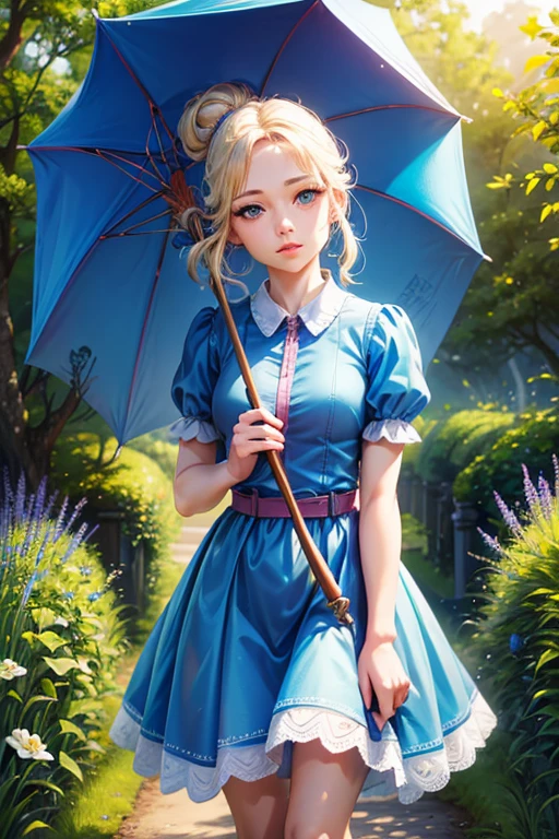 (best quality,4k,8k,highres,masterpiece:1.2),ultra-detailed,(realistic,photorealistic,photo-realistic:1.37),piperBS,1girl,beautiful detailed eyes,beautiful detailed lips,extremely detailed eyes and face,long eyelashes,blonde hair,hair bun,blue dress,puffy sleeves,short sleeves,pink gloves,fingerless gloves,pink belt,shoes,blue footwear,carries a sniper umbrella,beautiful garden,lush green grass,colourful flowers,blooming roses,tall trees with vibrant leaves,clear blue sky,gentle breeze,soft sunlight,painting-like colors,impressive depth,subtle shadows,sparkling highlights,vivid and warm color palette,glowing and magical atmosphere,femininity and elegance,candor and grace,cute and confident expression,relaxed and comfortable posture,blurred background focusing on the girl,slightly tilted composition to add dynamism,sharp focus on the girl's eyes and face,elegant and whimsical style,subtle touch of fantasy,delicate brushwork,rich texture and details,artistic interpretation combined with realism,harmonious combination of natural beauty and imaginative elements