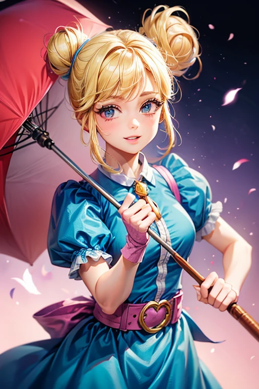 A girl with blonde hair wearing a blue dress and puffy sleeves, her hair is tied up in a bun. She is also wearing pink fingerless gloves, a pink belt, and blue footwear. The girl has a joyful expression on her face, with detailed and beautiful eyes, lips, and long eyelashes. The artwork is rendered in piperBS style, with high quality and ultra-detailed features. The colors are vivid and the lighting is balanced and natural. Carries a sniper umbrella.