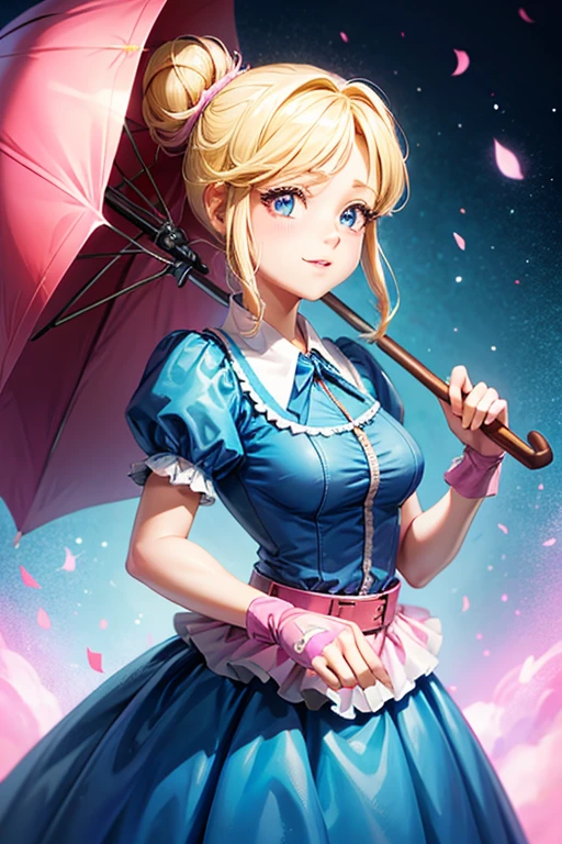 A girl with blonde hair wearing a blue dress and puffy sleeves, her hair is tied up in a bun. She is also wearing pink fingerless gloves, a pink belt, and blue footwear. The girl has a joyful expression on her face, with detailed and beautiful eyes, lips, and long eyelashes. The artwork is rendered in piperBS style, with high quality and ultra-detailed features. The colors are vivid and the lighting is balanced and natural. Carries a sniper umbrella.