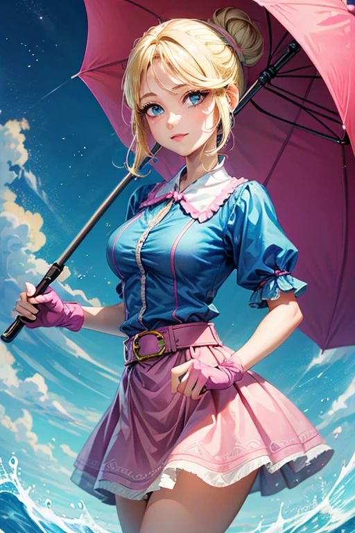 A girl with blonde hair wearing a blue dress and puffy sleeves, her hair is tied up in a bun. She is also wearing pink fingerless gloves, a pink belt, and blue footwear. The girl has a joyful expression on her face, with detailed and beautiful eyes, lips, and long eyelashes. The artwork is rendered in piperBS style, with high quality and ultra-detailed features. The colors are vivid and the lighting is balanced and natural. Carries a sniper umbrella.