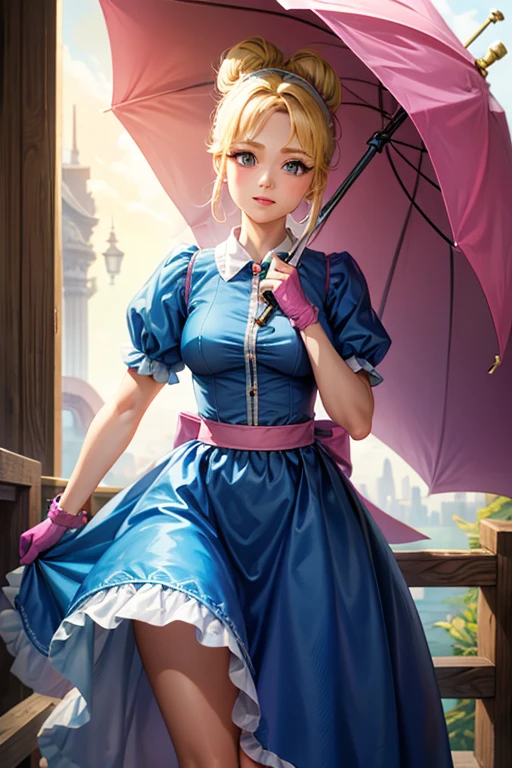 A girl with blonde hair wearing a blue dress and puffy sleeves, her hair is tied up in a bun. She is also wearing pink fingerless gloves, a pink belt, and blue footwear. The girl has a joyful expression on her face, with detailed and beautiful eyes, lips, and long eyelashes. The artwork is rendered in piperBS style, with high quality and ultra-detailed features. The colors are vivid and the lighting is balanced and natural. Carries a sniper umbrella.