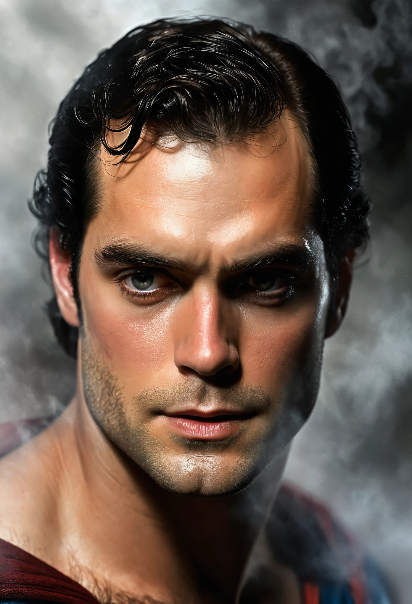 Photo RAW portrait handsome, Henry Cavill super man, piercing gaze,  high quality textures, high quality shadows, high detail, beautiful detail, fine detail, extremely detailed computer graphics, detailed textures, realistic faces, atmosphere of fear and unease, sensual moment from the point of view of someone in a close embrace with a muscular man bathing in smoke with bright laser eyes