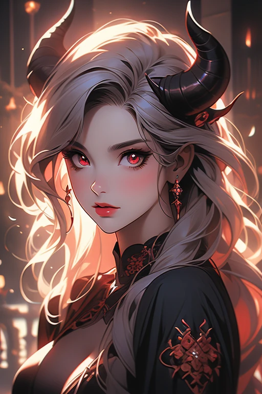 portrait, tiefling, horns and red eyes, portrait of demon girl, dnd portrait of a tiefling, succubus in sundress portrait, demon girl, beautiful succubus, portrait of a female demon, succubus | medieval, girl design lush horns, with horns, artgerm detailed, succubus, demoness