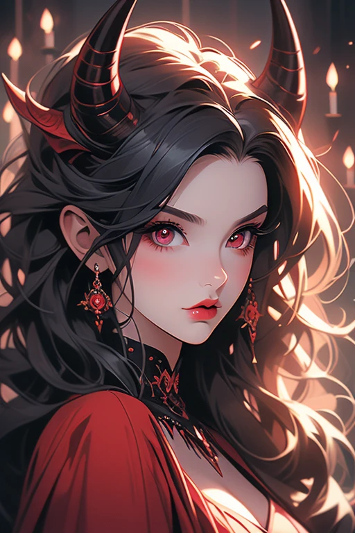 portrait, tiefling, horns and red eyes, portrait of demon girl, dnd portrait of a tiefling, succubus in sundress portrait, demon girl, beautiful succubus, portrait of a female demon, succubus | medieval, girl design lush horns, with horns, artgerm detailed, succubus, demoness