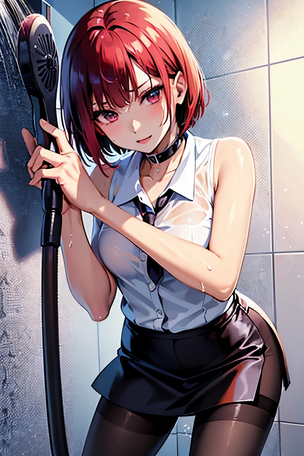Rio, Super Blackjack、Red Hair、Short Hair、((blouse))、((pantyhose))、mini skirt、Photo from below、Medium chest、((shower room))、Rio・デ・カーニバル、((Get wet all over))、Black Bra