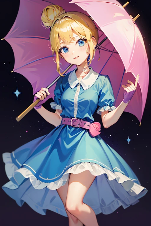 A girl with blonde hair wearing a blue dress and puffy sleeves, her hair is tied up in a bun. She is also wearing pink fingerless gloves, a pink belt, and blue footwear. The girl has a joyful expression on her face, with detailed and beautiful eyes, lips, and long eyelashes. The artwork is rendered in piperBS style, with high quality and ultra-detailed features. The colors are vivid and the lighting is balanced and natural. Carries a closed sniper umbrella.