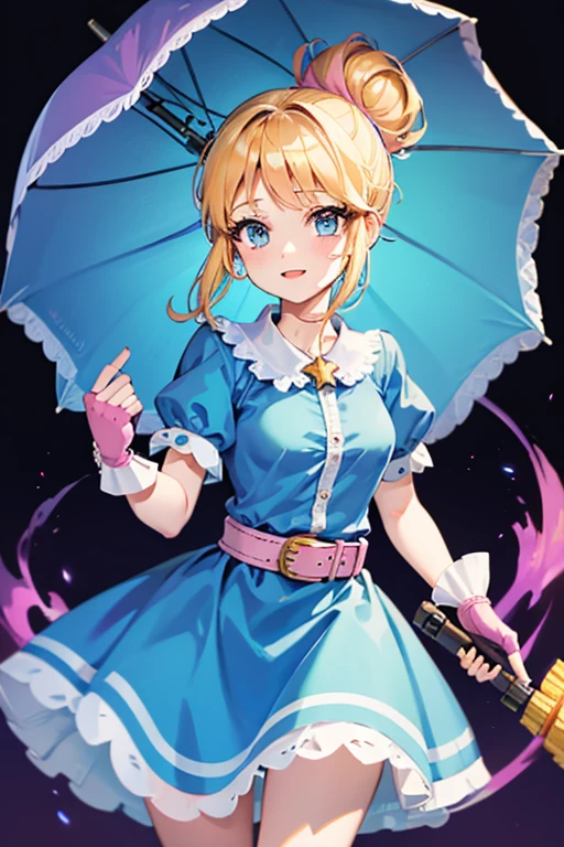 A girl with blonde hair wearing a blue dress and puffy sleeves, her hair is tied up in a bun. She is also wearing pink fingerless gloves, a pink belt, and blue footwear. The girl has a joyful expression on her face, with detailed and beautiful eyes, lips, and long eyelashes. The artwork is rendered in piperBS style, with high quality and ultra-detailed features. The colors are vivid and the lighting is balanced and natural. Carries a closed sniper umbrella.