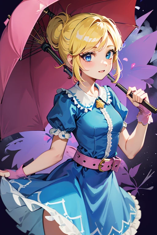 A girl with blonde hair wearing a blue dress and puffy sleeves, her hair is tied up in a bun. She is also wearing pink fingerless gloves, a pink belt, and blue footwear. The girl has a joyful expression on her face, with detailed and beautiful eyes, lips, and long eyelashes. The artwork is rendered in piperBS style, with high quality and ultra-detailed features. The colors are vivid and the lighting is balanced and natural. Carries a closed sniper umbrella.