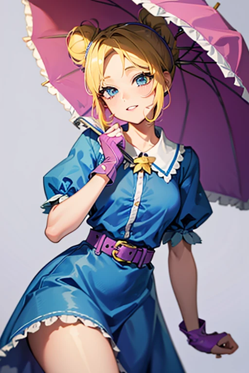 A girl with blonde hair wearing a blue dress and puffy sleeves, her hair is tied up in a bun. She is also wearing pink fingerless gloves, a pink belt, and blue footwear. The girl has a joyful expression on her face, with detailed and beautiful eyes, lips, and long eyelashes. The artwork is rendered in piperBS style, with high quality and ultra-detailed features. The colors are vivid and the lighting is balanced and natural. Carries a closed sniper umbrella.