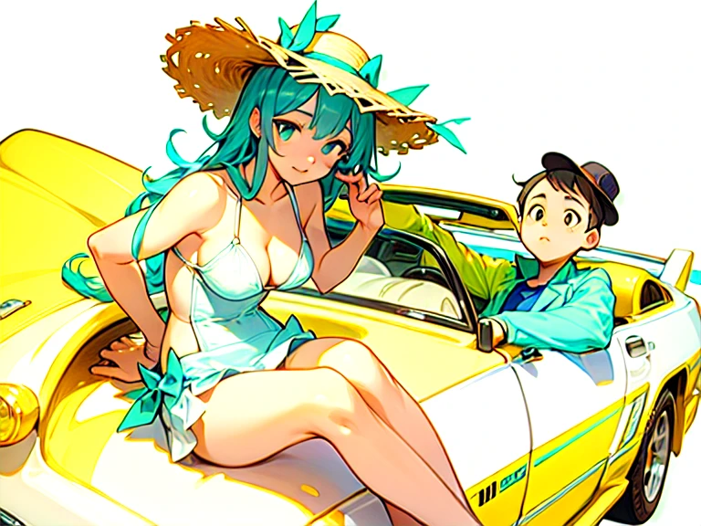 ((Ultra high definition))、detailed writing、masterpiece、最high quality、Highly detailed CG、8K quality、CinematograpHic lighting、Lens flare、high quality、professional workan sitting in the driver's seat of an open-top car、A woman in a swimsuit wearing a straw hat sitting on a bonnet、I can see the summer sea and blue sky