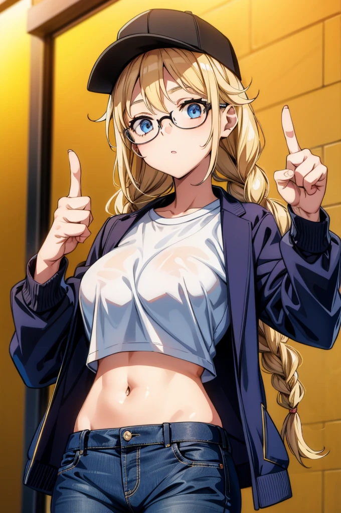 a blonde woman wearing a long sleeve shirt giving a thumbs up sign, 1girl, breasts, solo, hat, blue eyes, baseball cap, shirt, large breasts, long hair, blonde hair, jacket, glasses, pants, navel, midriff, braid, black headwear, looking at viewer, crop top, twin braids, denim, white shirt, open jacket, open clothes