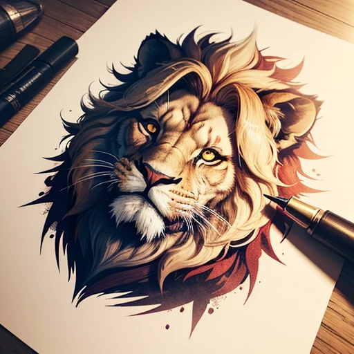 A detailed illustration a print of lion head, t-shirt design, splash art  