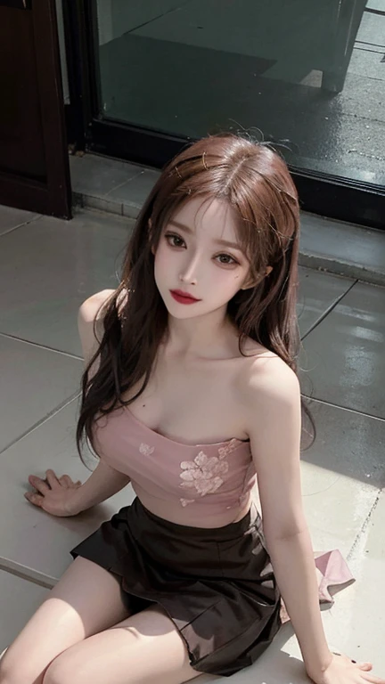 from above,she is looking at viewer,masterpiece,real photos,(solo) Real light and shadow，HDR backlight，Contour light，Shallow depth of field。reddish brown long straight hair，Elegant Chinese beauty, wearing Chiffon Sleeveless Blouse skirt，A confident smile，Sitting elegantly on the floor making tea