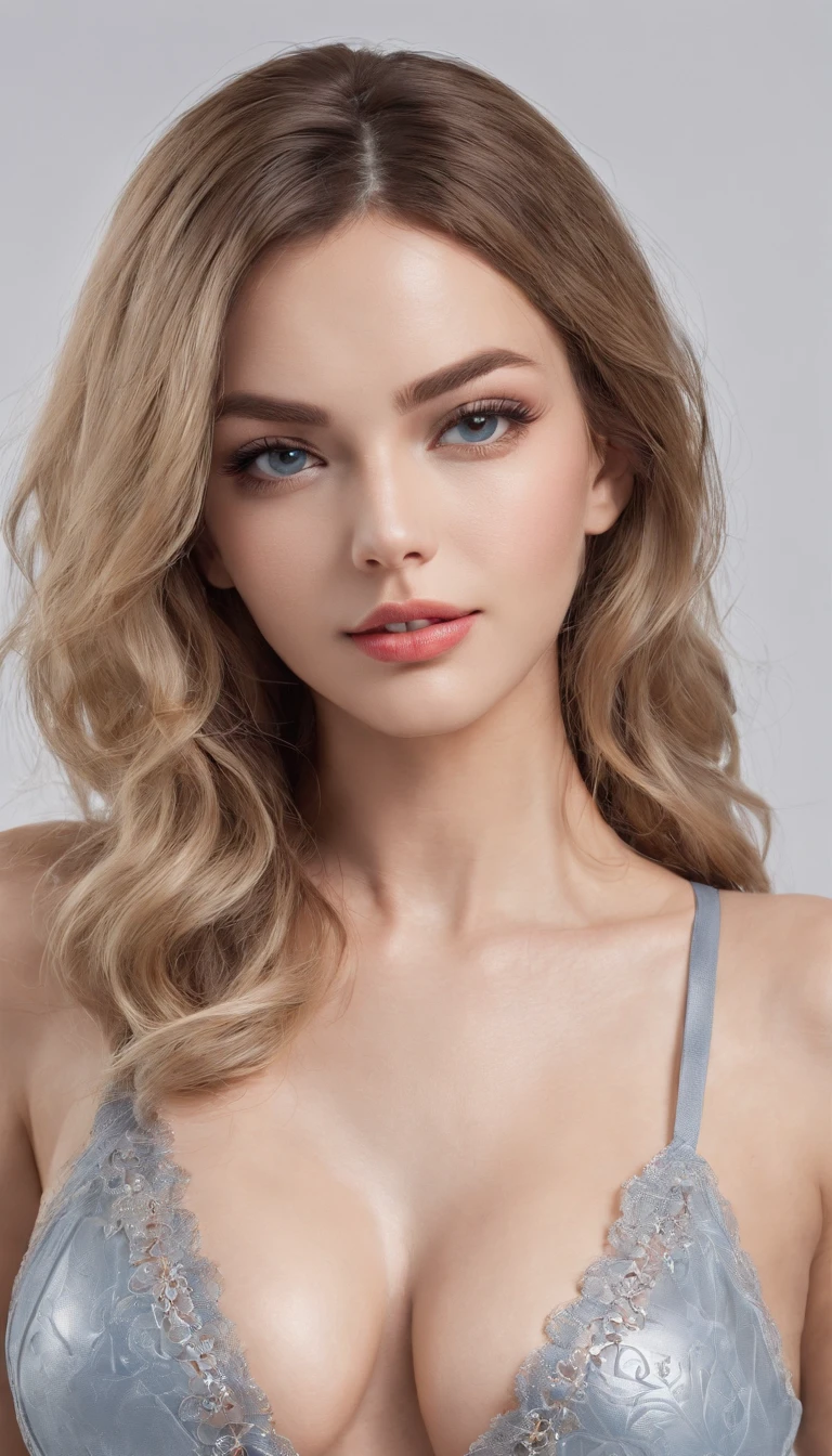 Beautiful Russian woman, brunette with blonde highlights wearing a gray showing clevage transparant top (sitting with crossing legs in a night club ), tight mini cotton underpants, highly detailed, 22 years old, ,confident sexy seductive face, natural wavy hair, blue eyes, high resolution, Masterpiece, Best quality, Intricate high detail, Highly detailed, Sharp focus, Detailed skin, realistic skin texture, texture, detailed eyes, professional, 4k, charming smile, 8k UHD, photography