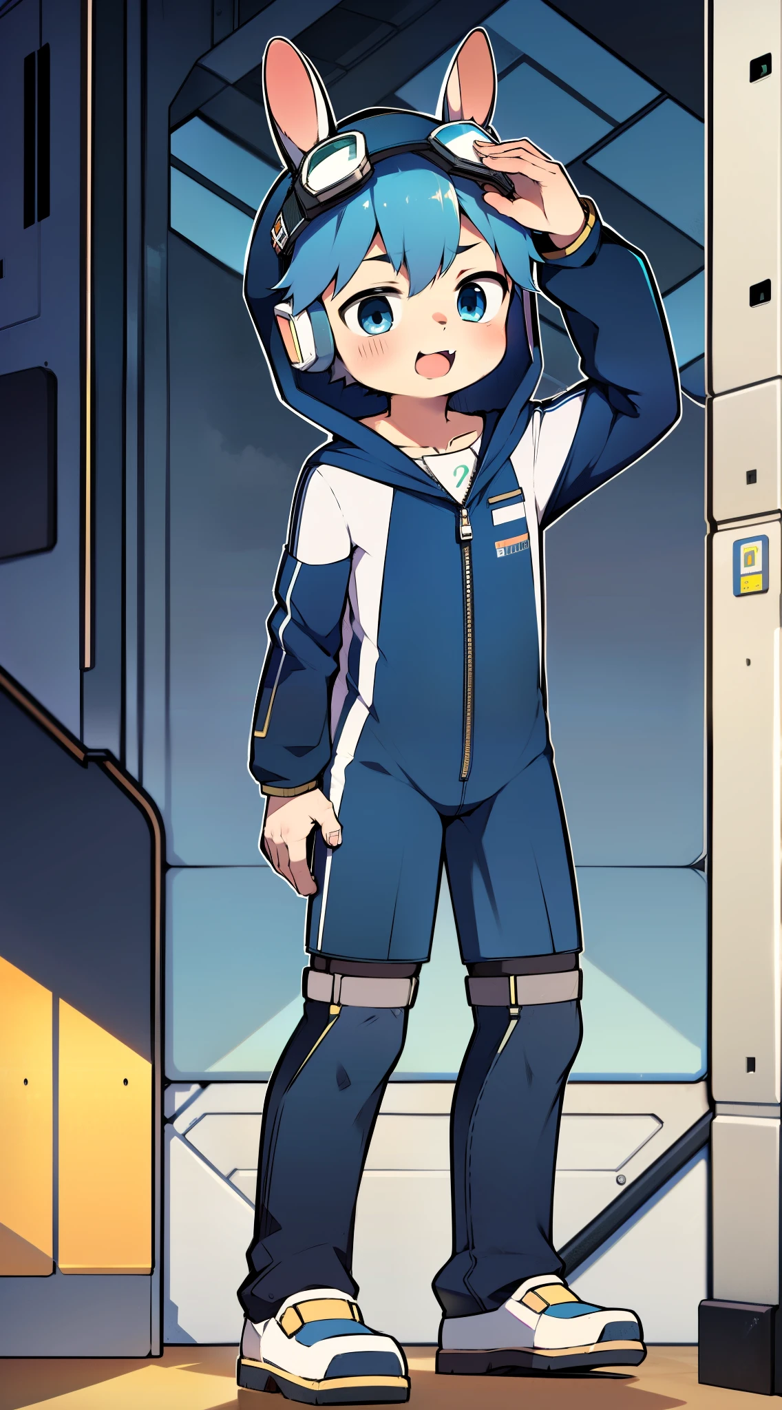 2D Boy Shota，One-piece mountaineering suit，Slim, healthy body，Put the headphones on your head，stand up，goggles，Rabbit ears，happy，Sailor collar，tie，zipper，hood