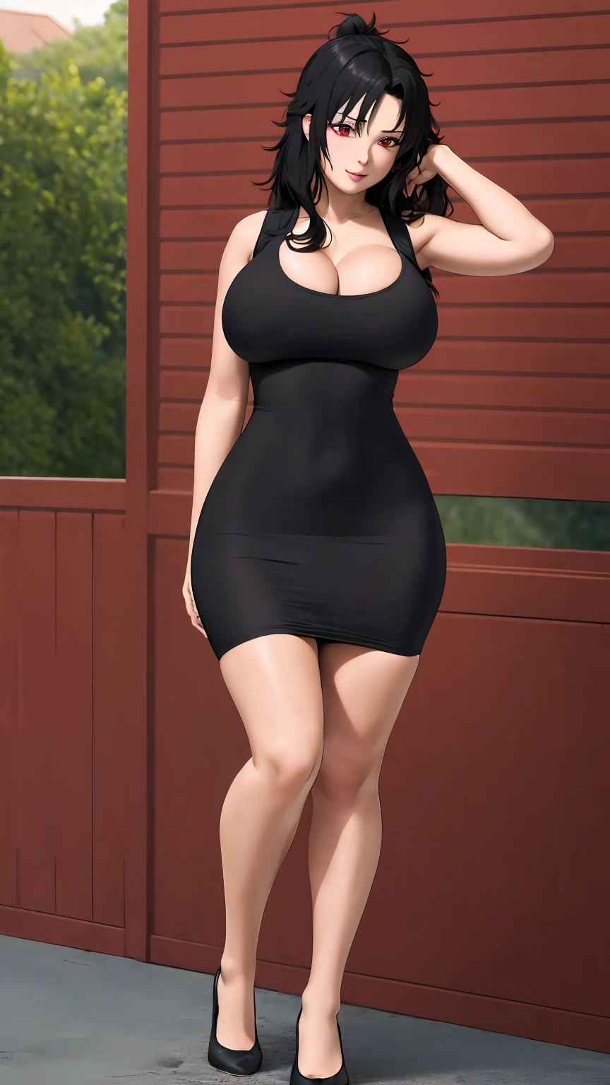 masterpiece, best quality, extremely detail 8k cg, high resolution, 1girl, kurenai yuhi, black hair, red eyes, slim body, huge breasts, bursting breasts, black tee shirt dress, sleeveless, cleavage, seductive face, outdoors, garden, beautiful face, full shot photo, full body