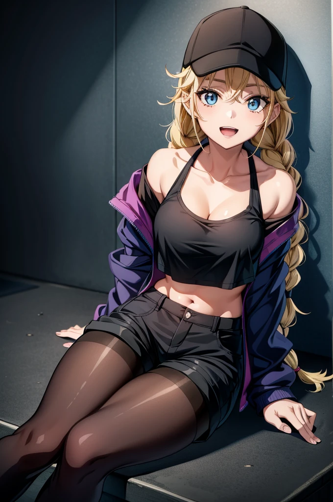 (((grayscale)))(masterpiece:1.2, best quality), (graffiti wall:1.15), super fine illustration,vibrant colors, masterpiece, sharp focus, best quality, depth of field, cinematic lighting,ultra detailed,an anime style picture of a girl in medical gear sitting on a couch, 1girl, solo, hat, baseball cap, twin braids, shorts, long hair, smile, blue eyes, sitting, shirt, jacket, braid, blonde hair, white shirt, breasts, black headwear, looking at viewer, couch, open jacket, off shoulder, blush, open clothes, closed mouth, short shorts, thigh strap