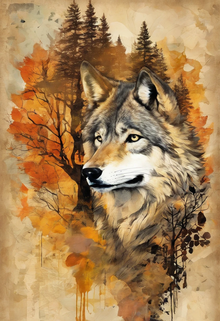 Loup hurlant, fond Ocre, Forest autumn ::2 colorful ink painting ::2 art fantasy