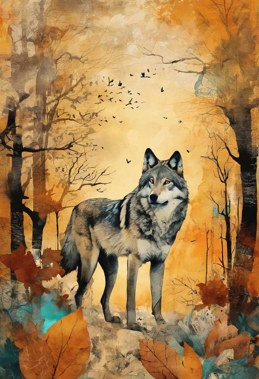 Loup hurlant, fond Ocre, Forest autumn ::2 colorful ink painting ::2 art fantasy