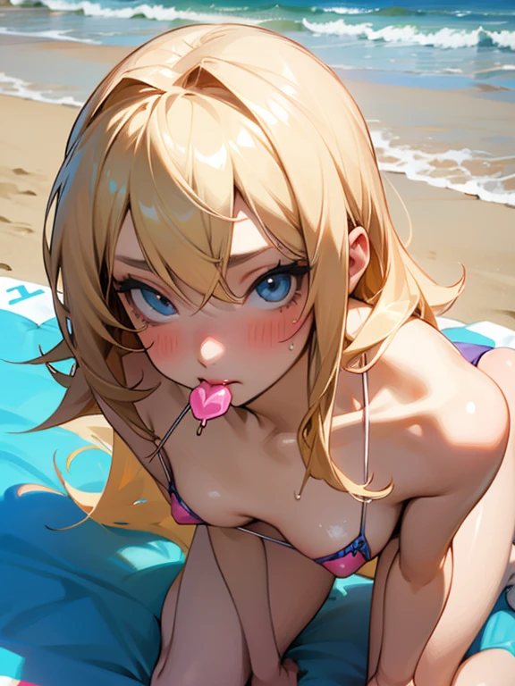 sexy age blonde girl with corly hair in micro-bikini sucking lollipop on beach