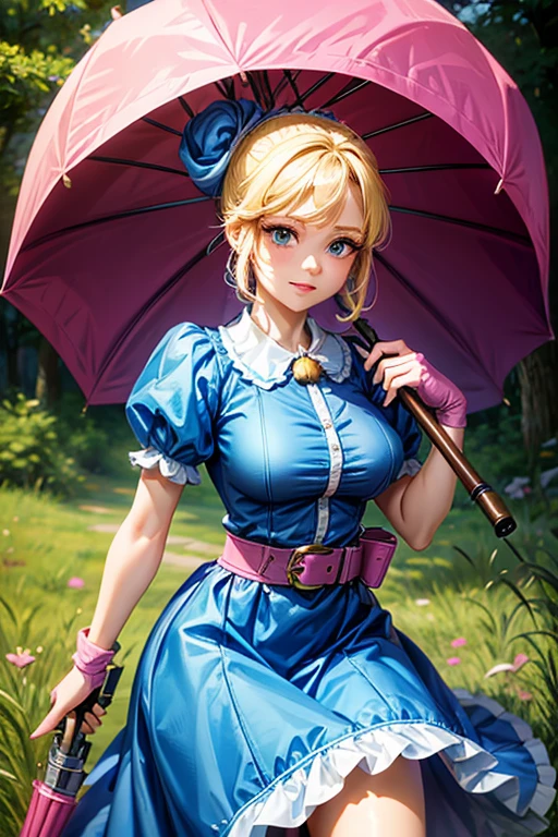 A girl with blonde hair wearing a blue dress and puffy sleeves, her hair is tied up in a bun. She is also wearing pink fingerless gloves, a pink belt, and blue footwear. The girl has a joyful expression on her face, with detailed and beautiful eyes, lips, and long eyelashes. The artwork is rendered in piperBS style, with high quality and ultra-detailed features. The colors are vivid and the lighting is balanced and natural. Carries a closed sniper umbrella.