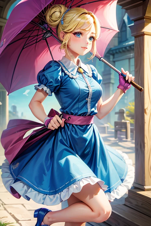 A girl with blonde hair wearing a blue dress and puffy sleeves, her hair is tied up in a bun. She is also wearing pink fingerless gloves, a pink belt, and blue footwear. The girl has a joyful expression on her face, with detailed and beautiful eyes, lips, and long eyelashes. The artwork is rendered in piperBS style, with high quality and ultra-detailed features. The colors are vivid and the lighting is balanced and natural. Carries a closed sniper umbrella.