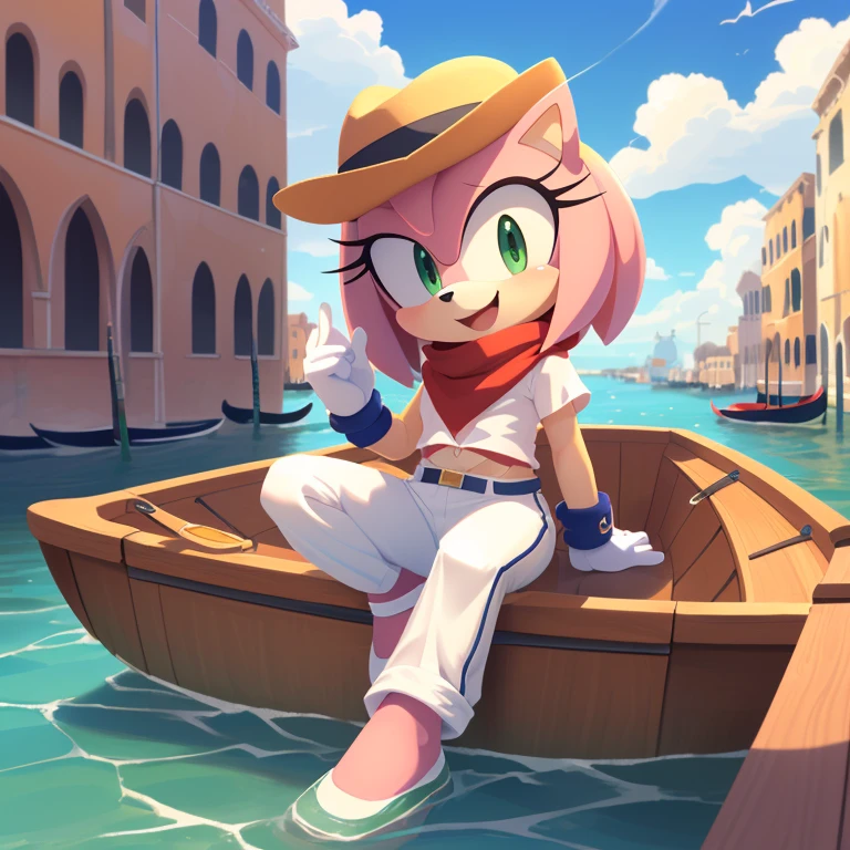 (Amy rose), full-length portrait, , (masterpiece, 4K) ((glistening body)) excellent quality, intricate detail, smooth lighting, 4k quality, ultra-detailed, subsurface scattering, ambient light, sharp focus, ((Italian hat, white beret, pantaloni pants, white pants, red maglione shirt)) ((expressive eyes, eyes shading)) ((Venice background, River, boats, bridge of rock, white gloves)) (border, sega, mammal, eulipotyphlan, white_border, tanlines, pink_body, solo, cub, youjomodoki, anthro,(green_eyes), full body, (face and bottom Focus, open smiles, expressive face), female, cream_fur, multicolored fur, ((sunny day, clouds, clouds shading)), ((sitting in boat)), Italy background, red hairband, red scarf