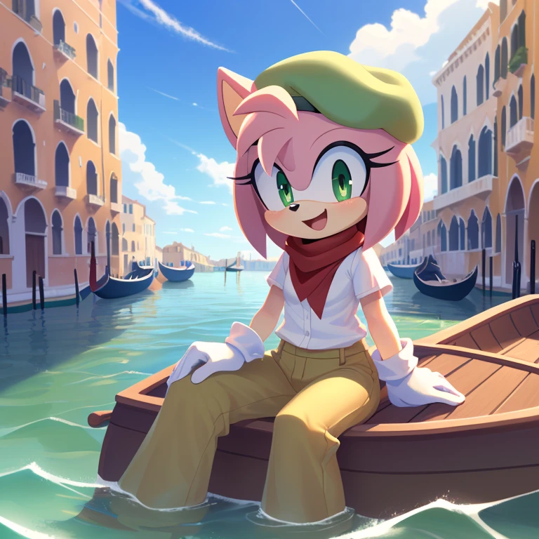 (Amy rose), full-length portrait, , (masterpiece, 4K) ((glistening body)) excellent quality, intricate detail, smooth lighting, 4k quality, ultra-detailed, subsurface tering, ambient light, sharp focus, ((Italian hat, white beret, pantaloni pants, white pants, red maglione shirt)) ((expressive eyes, eyes shading)) ((Venice background, River, boats, bridge of rock, white gloves)) (border, sega, mammal, eulipotyphlan, white_border, tanlines, pink_body, solo, cub, youjomodoki, anthro,(green_eyes), full body, (face and bottom Focus, open smiles, expressive face), female, cream_fur, multicolored fur, ((sunny day, clouds, clouds shading)), ((sitting in boat)), Italy background, red hairband, red scarf