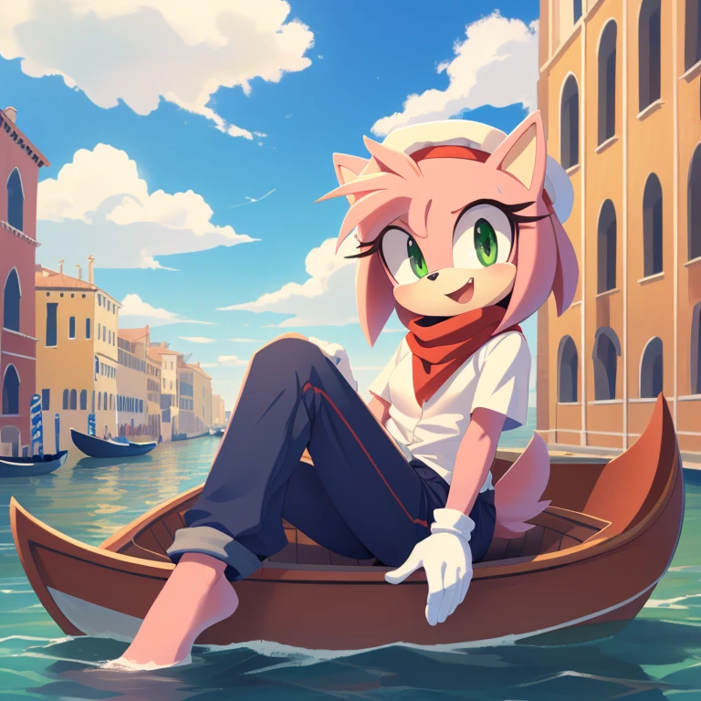 (Amy rose), full-length portrait, , (masterpiece, 4K) ((glistening body)) excellent quality, intricate detail, smooth lighting, 4k quality, ultra-detailed, subsurface scattering, ambient light, sharp focus, ((Italian hat, white beret, pantaloni pants, white pants, red maglione shirt)) ((expressive eyes, eyes shading)) ((Venice background, River, boats, bridge of rock, white gloves)) (border, sega, mammal, eulipotyphlan, white_border, tanlines, pink_body, solo, cub, youjomodoki, anthro,(green_eyes), full body, (face and bottom Focus, open smiles, expressive face), female, cream_fur, multicolored fur, ((sunny day, clouds, clouds shading)), ((sitting in boat)), Italy background, red hairband, red scarf