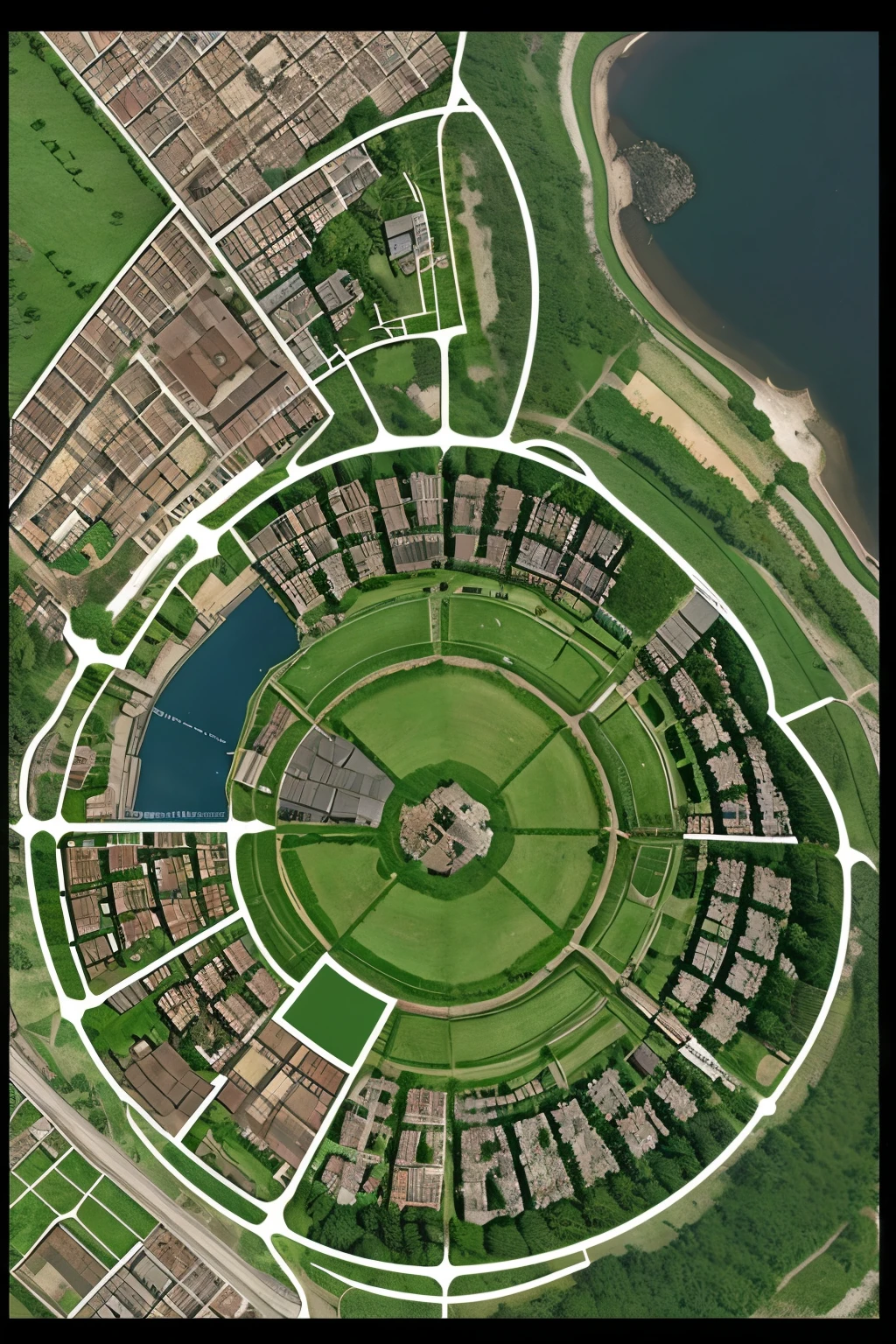 make a 2d map in which in center there will be a castle and around it there would be a lot of abandend house all around the castle and seprated in 4 section by roads and around it all these house make a wall in a circle and only one gate in that wall to ender in that 
