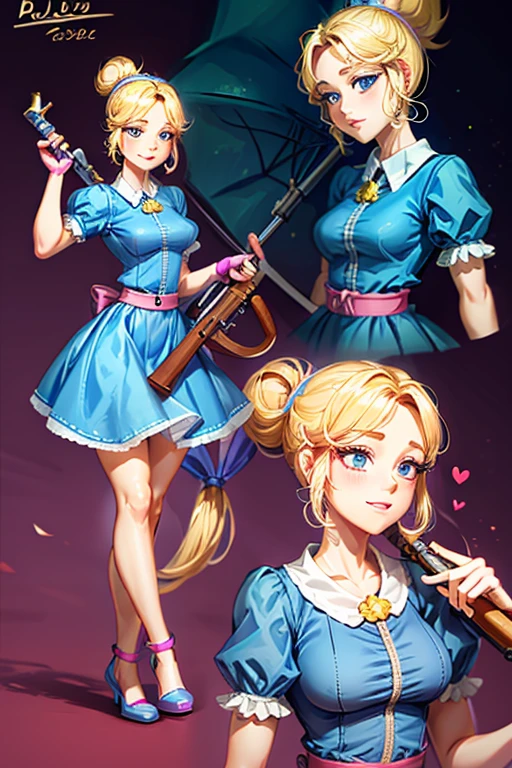 A girl with blonde hair wearing a blue dress and puffy sleeves, her hair is tied up in a bun. She is also wearing pink fingerless gloves, a pink belt, and blue footwear. The girl has a joyful expression on her face, with detailed and beautiful eyes, lips, and long eyelashes. The artwork is rendered in piperBS style, with high quality and ultra-detailed features. The colors are vivid and the lighting is balanced and natural. Carries a closed sniper umbrella.