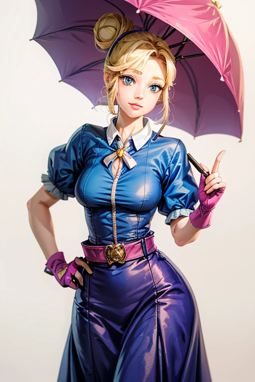 A girl with blonde hair wearing a blue dress and puffy sleeves, her hair is tied up in a bun. She is also wearing pink fingerless gloves, a pink belt, and blue footwear. The girl has a joyful expression on her face, with detailed and beautiful eyes, lips, and long eyelashes. The artwork is rendered in piperBS style, with high quality and ultra-detailed features. The colors are vivid and the lighting is balanced and natural. Carries a closed sniper umbrella.