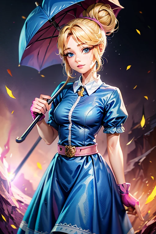 A girl with blonde hair wearing a blue dress and puffy sleeves, her hair is tied up in a bun. She is also wearing pink fingerless gloves, a pink belt, and blue footwear. The girl has a joyful expression on her face, with detailed and beautiful eyes, lips, and long eyelashes. The artwork is rendered in piperBS style, with high quality and ultra-detailed features. The colors are vivid and the lighting is balanced and natural. Carries a closed sniper umbrella.