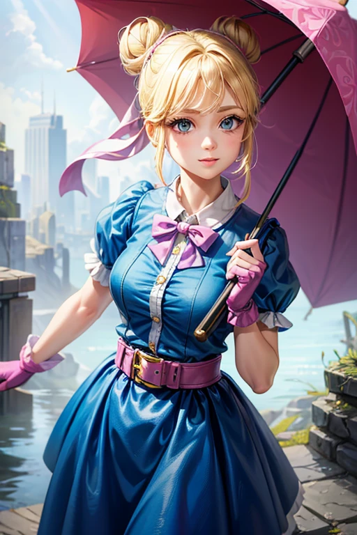 A girl with blonde hair wearing a blue dress and puffy sleeves, her hair is tied up in a bun. She is also wearing pink fingerless gloves, a pink belt, and blue footwear. The girl has a joyful expression on her face, with detailed and beautiful eyes, lips, and long eyelashes. The artwork is rendered in piperBS style, with high quality and ultra-detailed features. The colors are vivid and the lighting is balanced and natural. Carries a closed sniper umbrella.