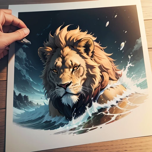 A detailed illustration a print of lion head, splash art  