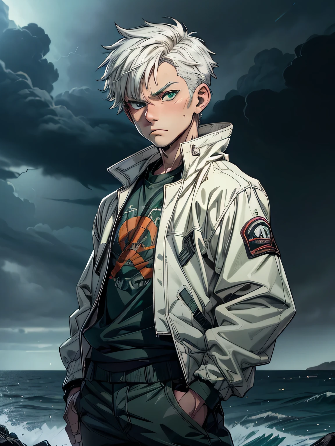 (A young boy with short white hair:1.2), (in an anime-style:1.2), (with green eyes:1.2), (in a stormy setting:1.2), (wearing an old school jacket:1.2), ( with a rugged expression:1.2), (captured with a Fujifilm X-T4 camera, known for its excellent color reproduction and fast performance:1.2), (paired with a Fujinon XF 16-55mm f/2.8 R LM WR lens, ideal for versatile shooting situations:1.2), (ensuring detailed depiction of the character's characteristics and the stormy atmosphere:1.1), (emphasizing the character's rebellious appearance and the intensity of the scene:1.1).