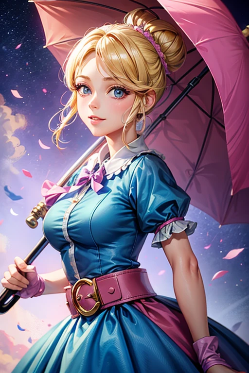 A girl with blonde hair wearing a blue dress and puffy sleeves, her hair is tied up in a bun. She is also wearing pink fingerless gloves, a pink belt, and blue footwear. The girl has a joyful expression on her face, with detailed and beautiful eyes, lips, and long eyelashes. The artwork is rendered in piperBS style, with high quality and ultra-detailed features. The colors are vivid and the lighting is balanced and natural. Carries a sniper umbrella, her umbrella is closed.