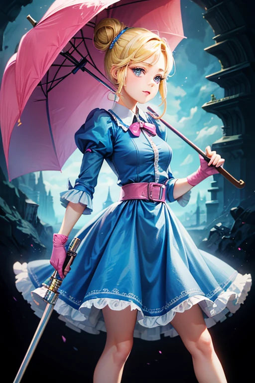 A girl with blonde hair wearing a blue dress and puffy sleeves, her hair is tied up in a bun. She is also wearing pink fingerless gloves, a pink belt, and blue footwear. The girl has a joyful expression on her face, with detailed and beautiful eyes, lips, and long eyelashes. The artwork is rendered in piperBS style, with high quality and ultra-detailed features. The colors are vivid and the lighting is balanced and natural. Carries a sniper umbrella, her umbrella is closed.